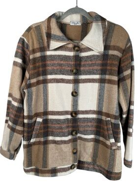 Eternelle Brown Plaid Brushed Fleece Button Front Shacket Jacket women’s large